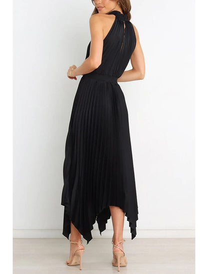 A-Line Party Dresses Casual Dress Homecoming Wedding Guest Asymmetrical Sleeveless Halter Neck Satin with Pleats
