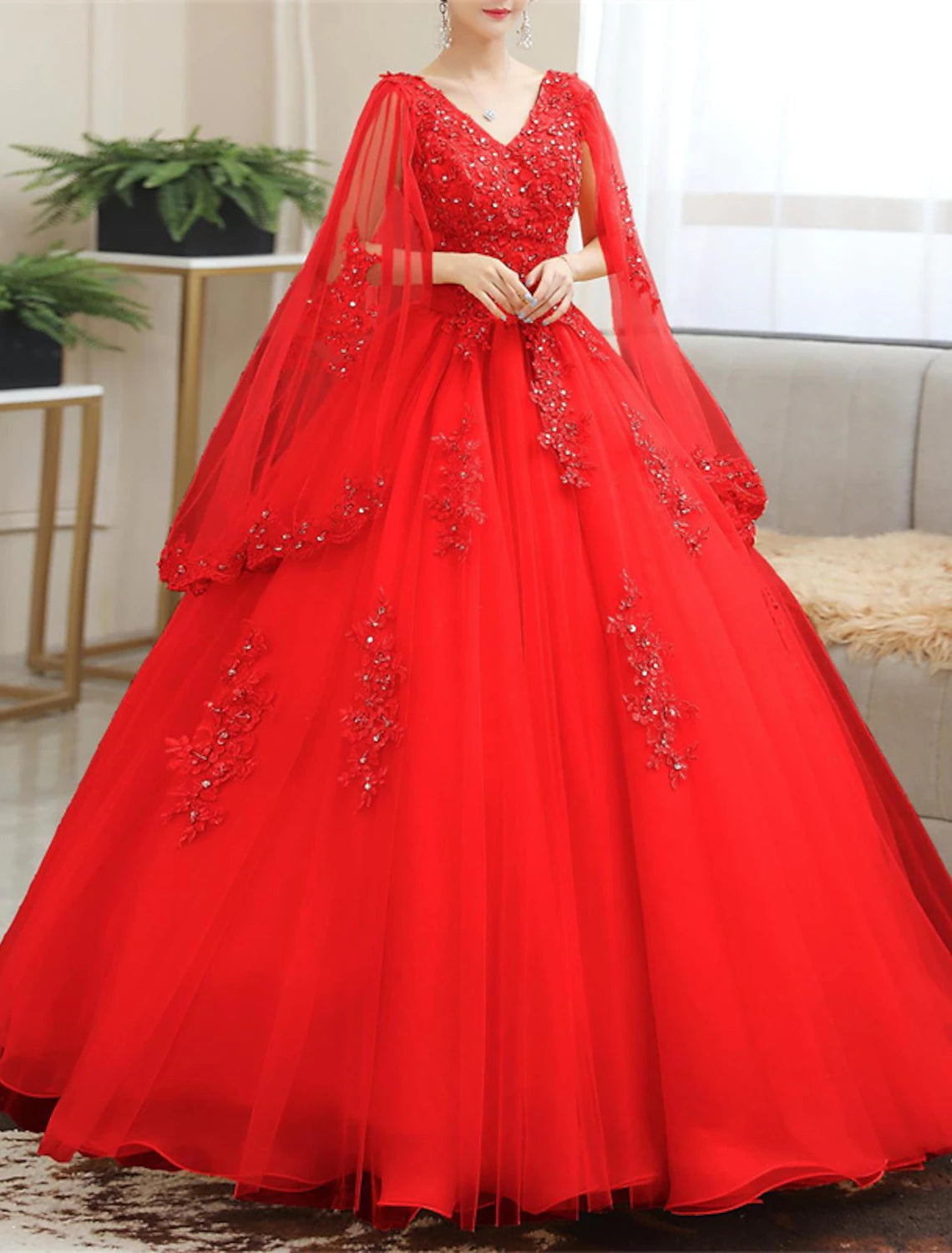Vestido de quinceañera de princesa, vestido navideño rojo y verde, largo hasta el suelo, manga corta, escote en V, tul con apliques.
