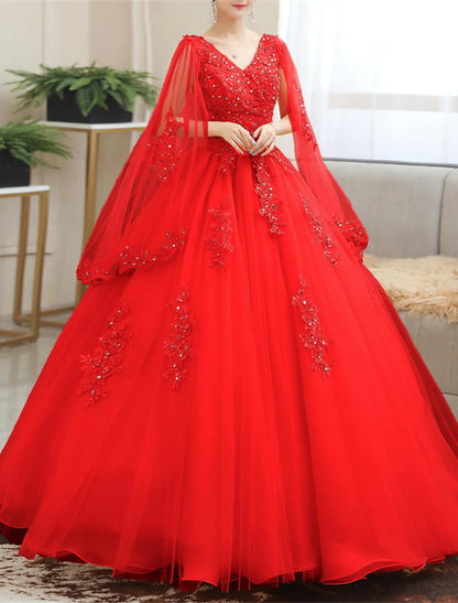 Vestido de quinceañera de princesa, vestido navideño rojo y verde, largo hasta el suelo, manga corta, escote en V, tul con apliques.