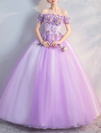 Ball Gown Floral Puffy Quinceanera Prom Dress Off Shoulder Short Sleeve Floor Length Polyester with Appliques Pure Color