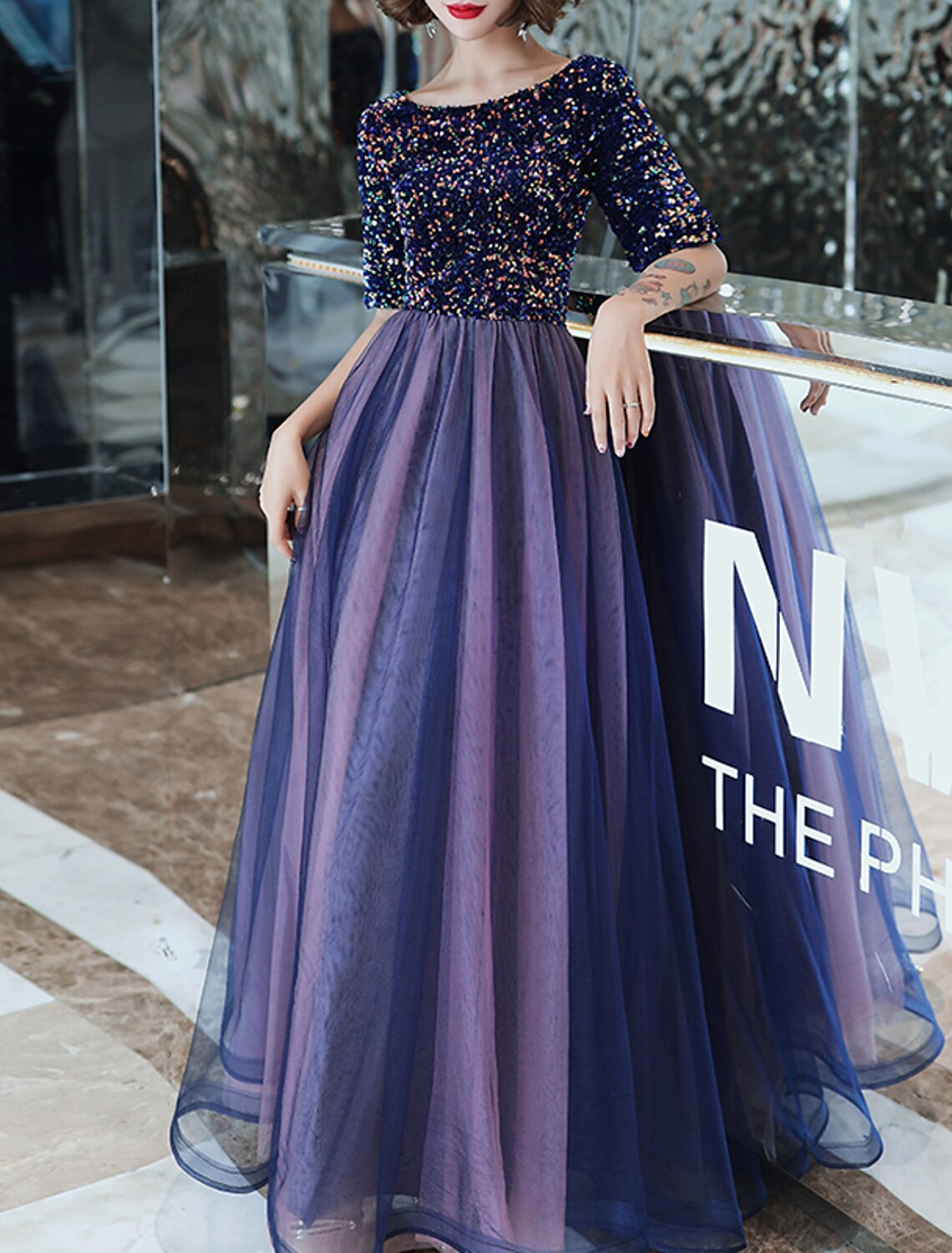 A-Line Evening Gown Sparkle Dress Wedding Guest Formal Evening Floor Length Half Sleeve Jewel Neck Tulle with Sequin