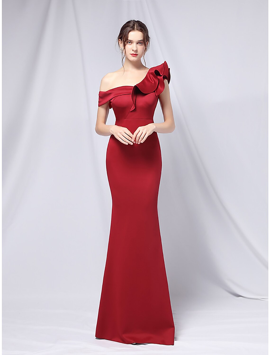 Vestido de fiesta de sirena, vestido de noche, vestido estilo imperio, para invitada de boda, formal, de noche, largo hasta el suelo, manga corta, un hombro, satén elástico con volantes