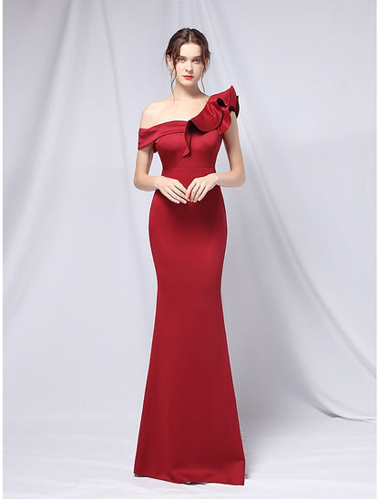 Vestido de fiesta de sirena, vestido de noche, vestido estilo imperio, para invitada de boda, formal, de noche, largo hasta el suelo, manga corta, un hombro, satén elástico con volantes