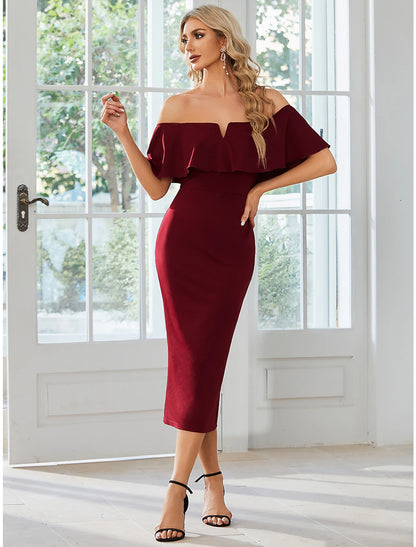 Sheath / Column Wedding Guest Dresses Minimalist Dress Party Wear Tea Length Short Sleeve Off Shoulder Stretch Fabric with Slit Pure Color
