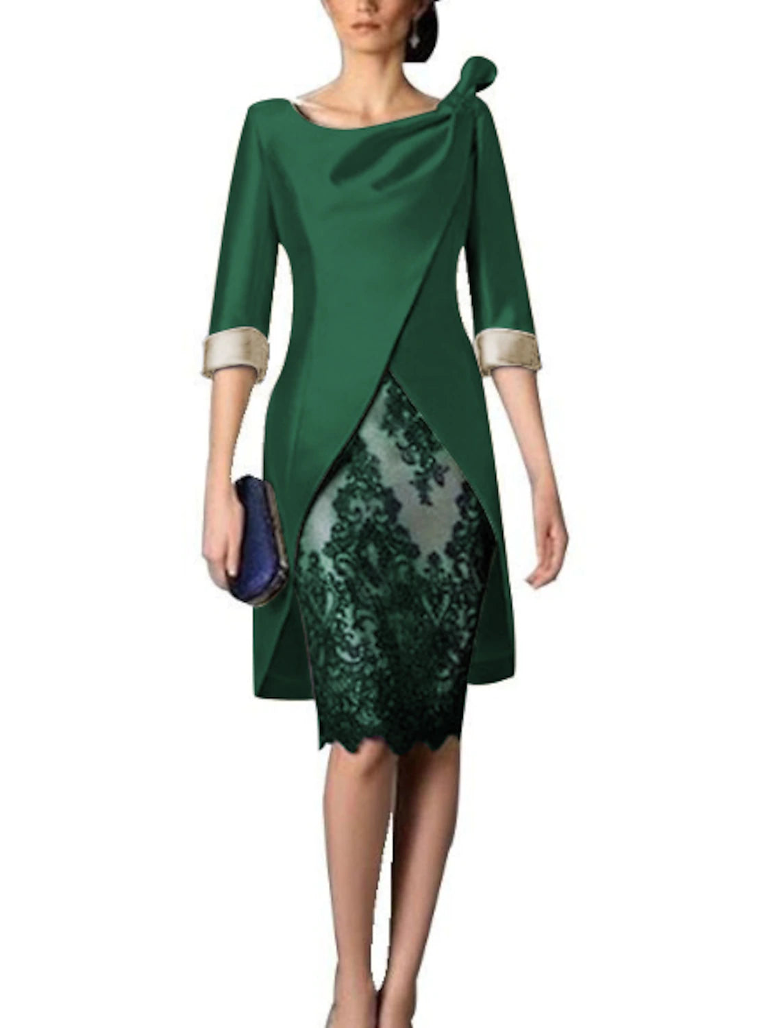 Two Piece Sheath / Column Mother of the Bride Dress Fall Wedding Guest Dresses Church Plus Size Vintage V Neck Knee Length Satin Lace 3/4 Length Sleeve Jacket Dresses with Color Block