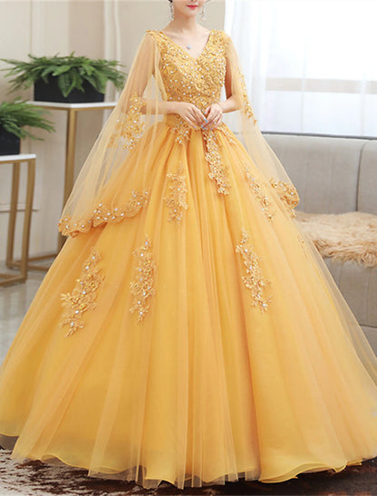 Vestido de quinceañera de princesa, vestido navideño rojo y verde, largo hasta el suelo, manga corta, escote en V, tul con apliques.