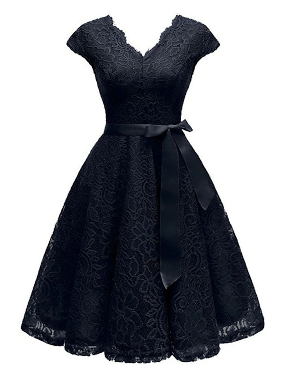 A-Line Cocktail Dresses Vintage Dress Wedding Guest Graduation Knee Length Short Sleeve V Neck Lace V Back with Sash / Ribbon Pleats