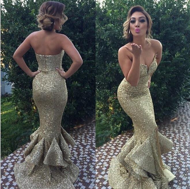Vestido de fiesta largo con escote corazón, sirena, brillante y con lentejuelas doradas 
