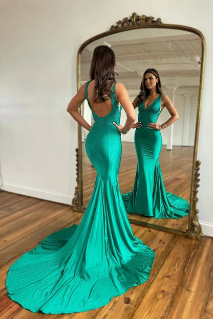 Teal Maxi Evening Dresses with Deep V Neck Spaghetti Straps Beaded Satin Fabric Open Back and Mermaid Train