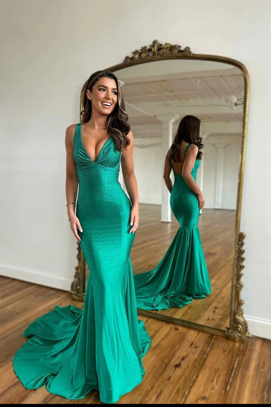 Teal Maxi Evening Dresses with Deep V Neck Spaghetti Straps Beaded Satin Fabric Open Back and Mermaid Train