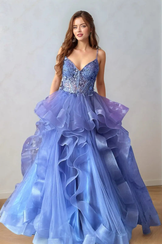 Glamorous Ball Gown Sweetheart Neck Spaghetti Strap Lace Back Floor-Length Prom Dresses