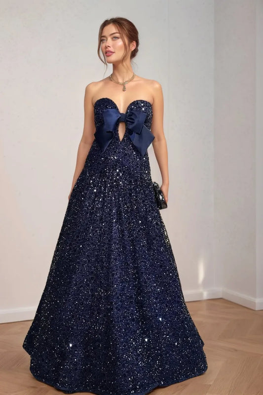 Glamorous Ball Gown Sweetheart Neck Sleeveless Bow Sequin Zipper Back Long Prom Dresses