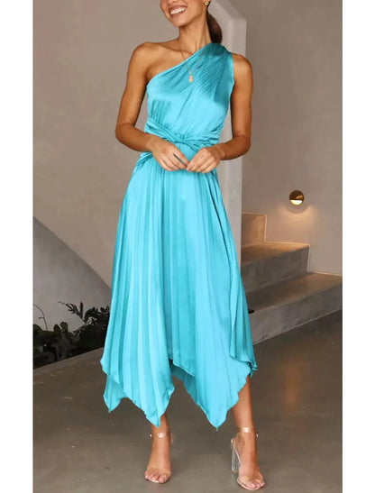 Vestidos de invitada de boda de corte A, vestido de corsé, vestido de fiesta, fiesta de bodas, largo hasta la rodilla, sin mangas, un hombro, poliéster con fruncido