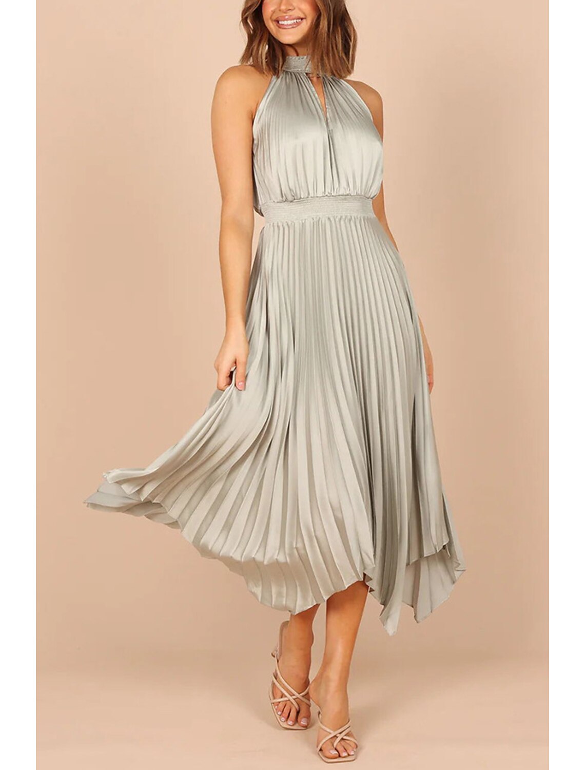 A-Line Party Dresses Casual Dress Homecoming Wedding Guest Asymmetrical Sleeveless Halter Neck Satin with Pleats
