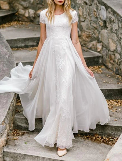 Vestidos de novia de playa, corte tubo, escote redondo, manga corta, largo hasta el suelo, de gasa, con pliegues