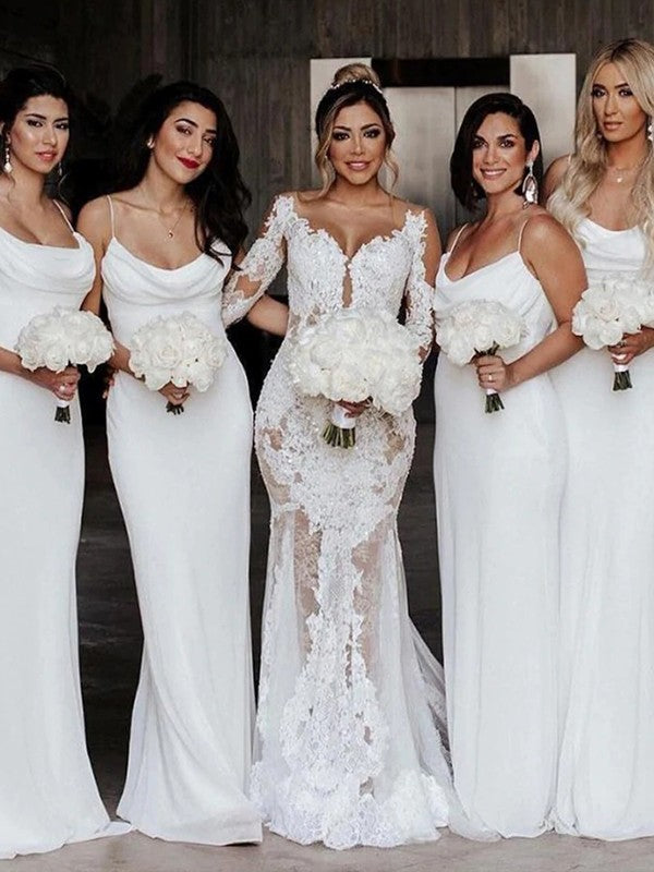 Sheath/Column Chiffon Ruched Spaghetti Straps Sleeveless Floor-Length Bridesmaid Dresses