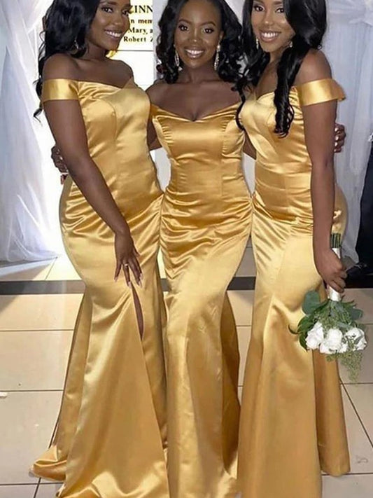 Sheath/Column Satin Ruffles Off-the-Shoulder Sleeveless Sweep/Brush Train Bridesmaid Dresses