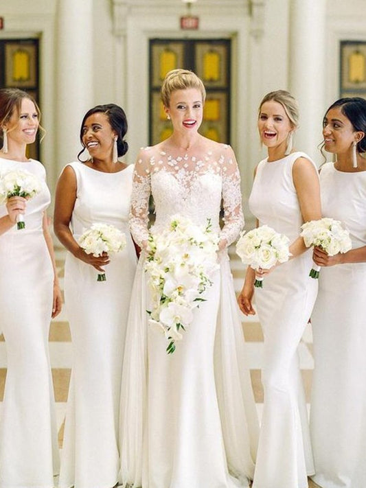 Sheath/Column Stretch Crepe Ruched Scoop Sleeveless Floor-Length Bridesmaid Dresses