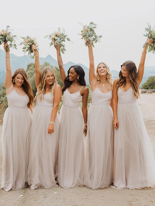 A-Line/Princess Tulle Ruched Spaghetti Straps Sleeveless Floor-Length Bridesmaid Dresses