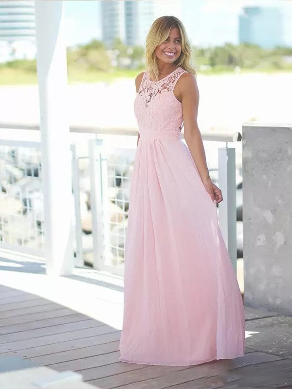 A-Line/Princess Chiffon Lace Scoop Sleeveless Floor-Length Bridesmaid Dresses