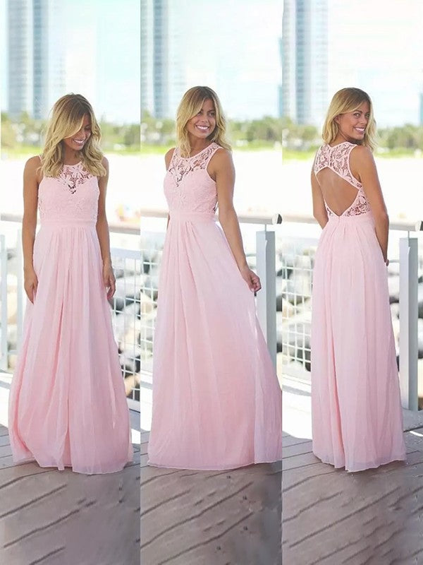 A-Line/Princess Chiffon Lace Scoop Sleeveless Floor-Length Bridesmaid Dresses