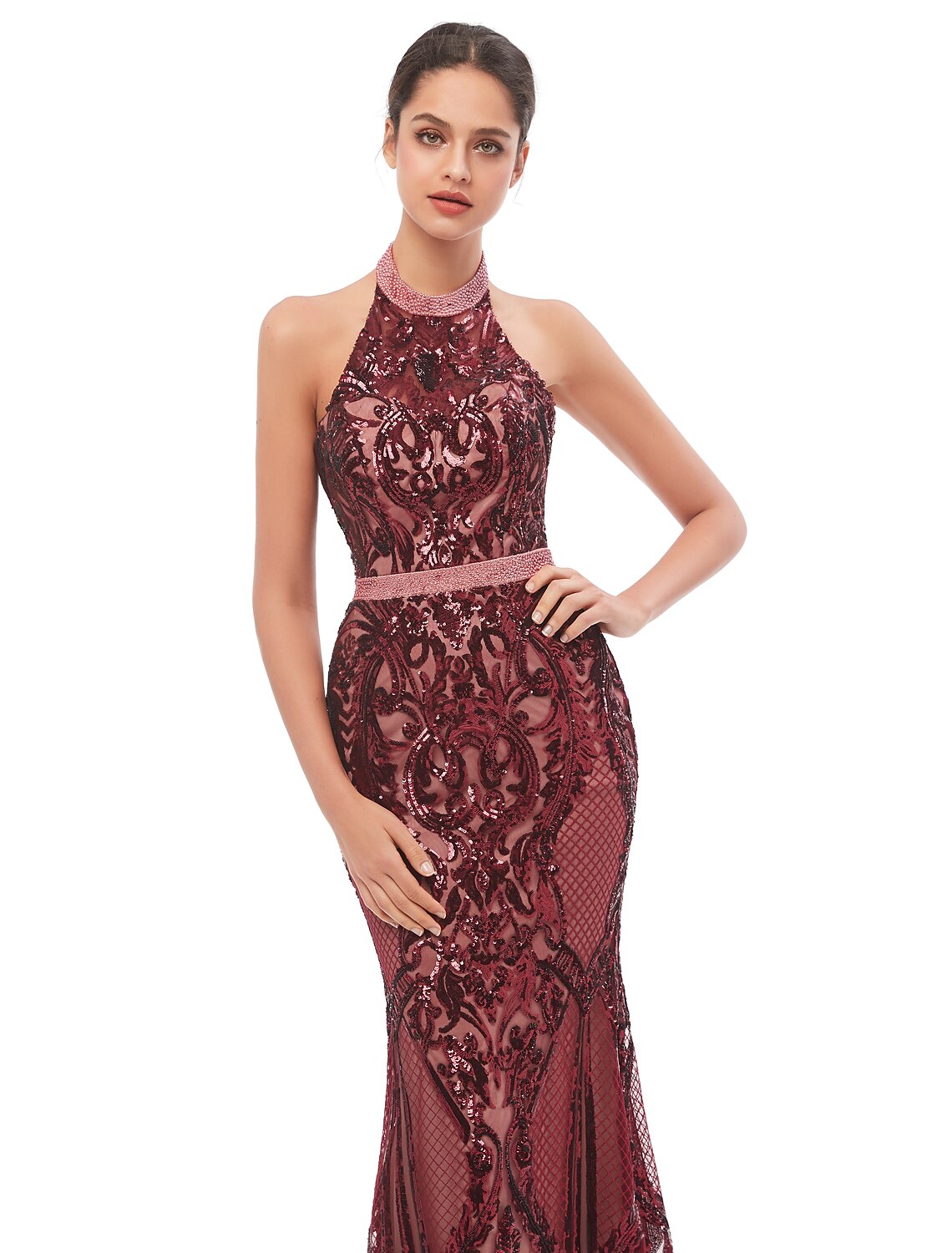 Vestido de noche de sirena/trompeta, hermoso vestido de espalda, largo hasta el suelo, sin mangas, con cuello halter y lentejuelas