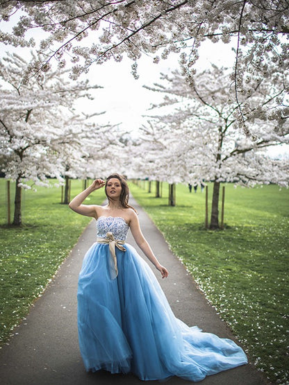 Ball Gown Sleeveless Tulle Sweep/Brush Train Sweetheart Applique Dresses