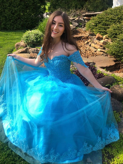 Ball Gown Off-the-Shoulder Lace Tulle Sleeveless Floor-Length Dresses