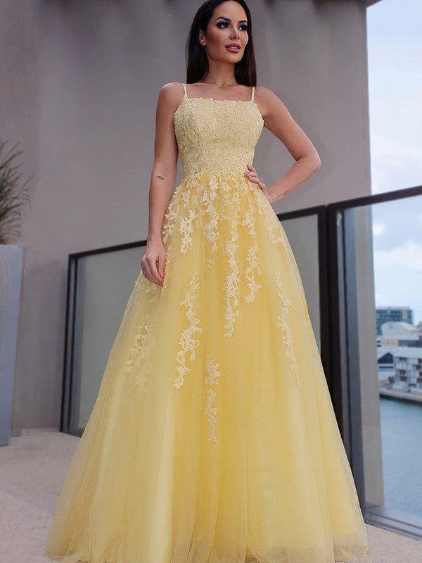 Vestidos de corte A/princesa con tirantes finos, apliques, sin mangas, de tul y hasta el suelo