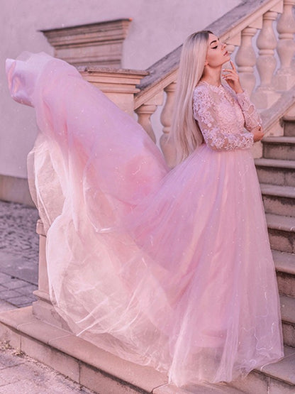 Vestidos de fiesta con mangas largas, tul, encaje, joya, cola larga