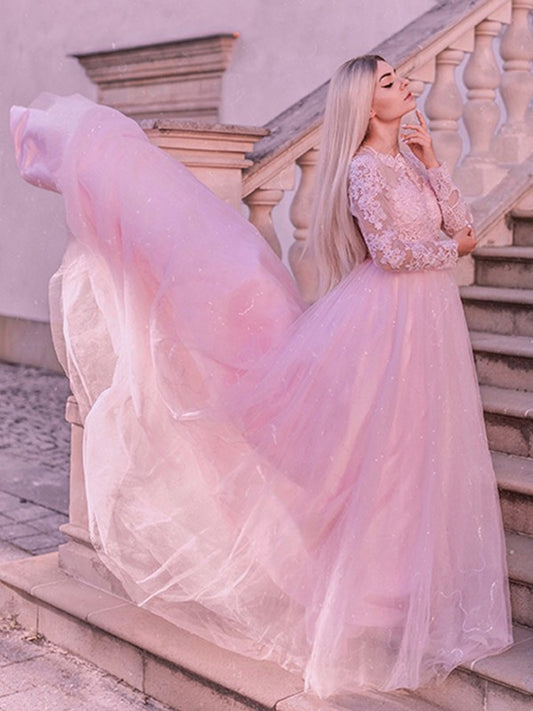 Vestidos de fiesta con mangas largas, tul, encaje, joya, cola larga
