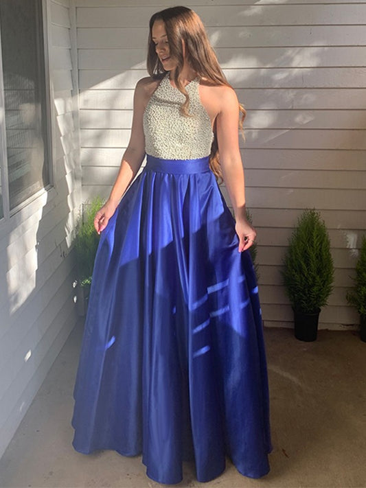 Vestidos de fiesta de satén con cristales y joyas, sin mangas y largos hasta el suelo