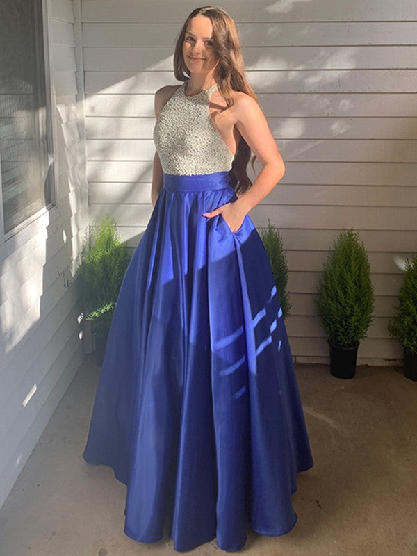 Vestidos de fiesta de satén con cristales y joyas, sin mangas y largos hasta el suelo