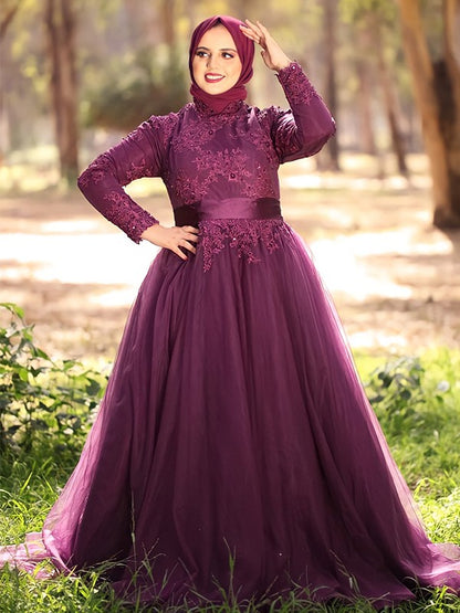 Ball Gown High Neck Tulle Applique Long Sleeves Sweep/Brush Train Muslim Dresses