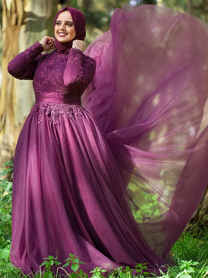 Ball Gown High Neck Tulle Applique Long Sleeves Sweep/Brush Train Muslim Dresses