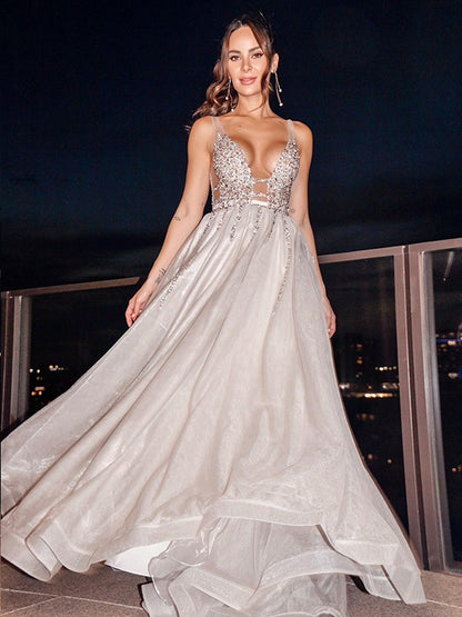 Vestidos de corte A/princesa de organza, escote en V, sin mangas, con abalorios y cola larga