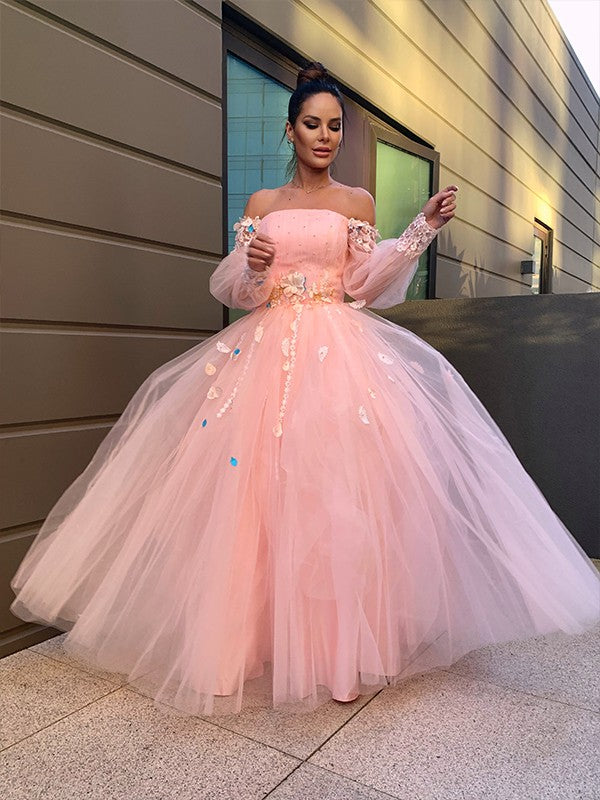 Ball Gown Hand-Made Flower Tulle Long Sleeves Off-the-Shoulder Floor-Length Dresses