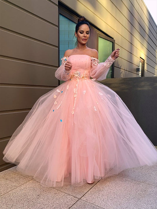 Ball Gown Hand-Made Flower Tulle Long Sleeves Off-the-Shoulder Floor-Length Dresses