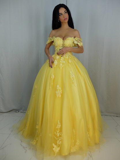 Vestido de fiesta de tul con apliques, hombros descubiertos, sin mangas, con cola larga