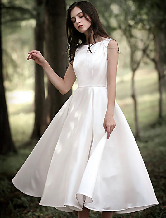 Vestidos de novia blancos cortos de recepción, corte A, escote redondo, sin mangas, largo hasta la rodilla, de satén, color liso