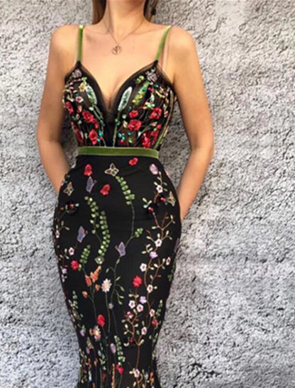 Vestidos de fiesta de sirena/trompeta, vestido floral para invitados de boda, fiesta de bodas, largo hasta el suelo, sin mangas, tirantes finos, tul con bordado