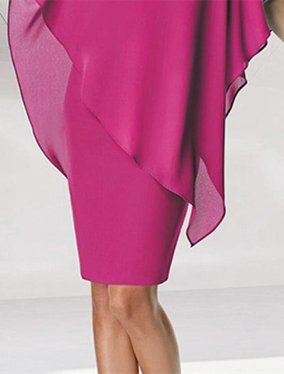 Vestido de cóctel con corte tubo/columna, elegante, para fiesta, boda, largo hasta la rodilla, sin mangas, cuello en V, gasa con volantes, hombros descubiertos, flores