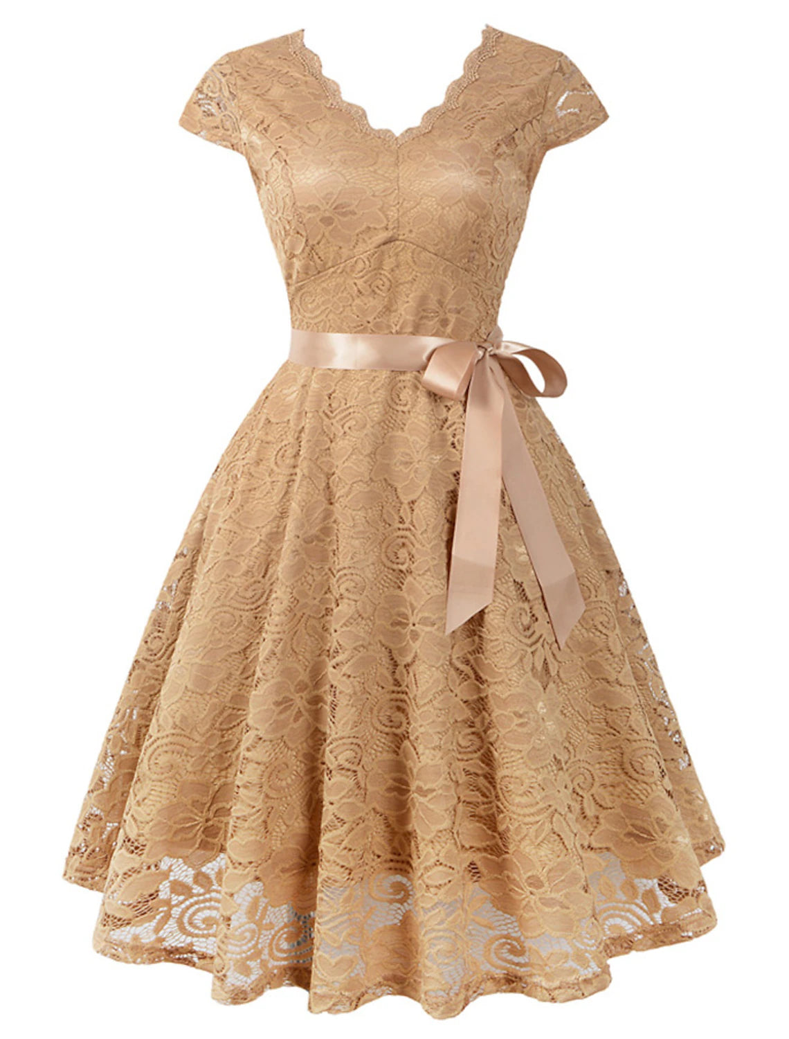 A-Line Cocktail Dresses Vintage Dress Wedding Guest Graduation Knee Length Short Sleeve V Neck Lace V Back with Sash / Ribbon Pleats