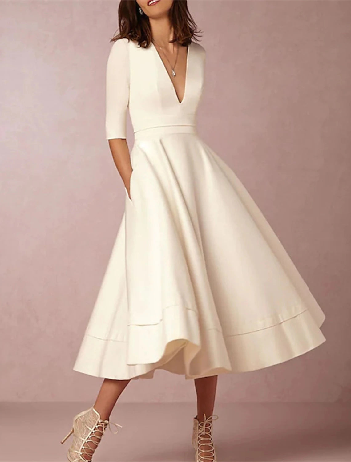 A-Line Wedding Guest Dresses Minimalist Dress Wedding Party Dress Kentucky Derby Tea Length Half Sleeve V Neck Fall Wedding Guest Stretch Satin with Pleats Pure Color White & Ivory ship in 48 hours