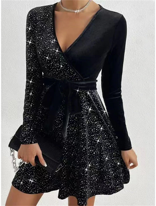 Women‘s Party Dress Sequin Dress Black Dress Velvet Dress Homecoming Dress Mini Dress Long Sleeve Pure Color Beads Fall Winter Autumn V Neck Fashion Winter Dress Wedding Guest Birthday Slim