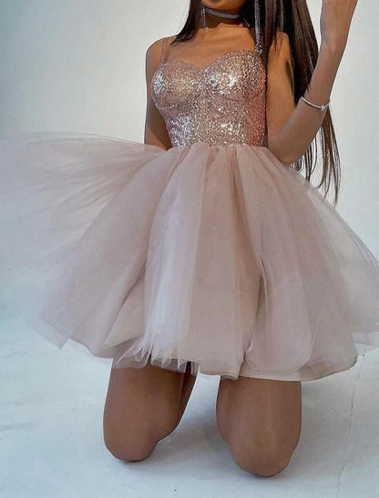 Ball Gown A-Line Sparkle & Shine Puffy Cocktail Party Prom Dress Spaghetti Strap Short Sleeve Knee Length Tulle with Sequin Tier