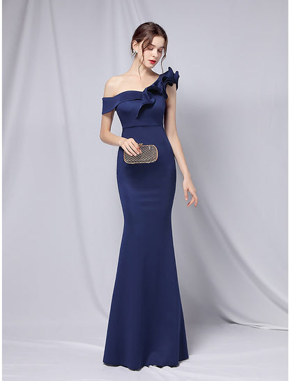 Vestido de fiesta de sirena, vestido de noche, vestido estilo imperio, para invitada de boda, formal, de noche, largo hasta el suelo, manga corta, un hombro, satén elástico con volantes