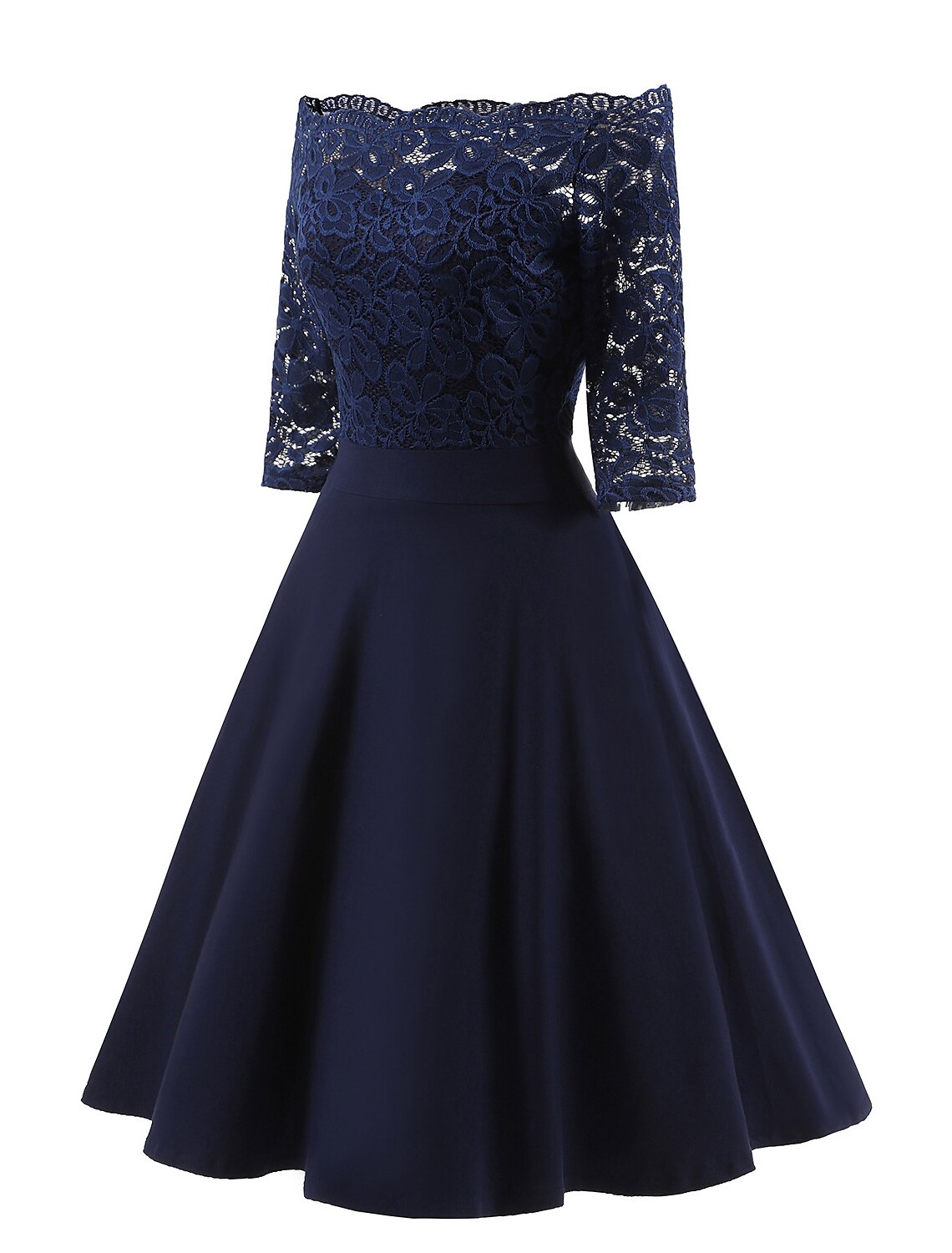A-Line Cocktail Black Dress Vintage Dress Graduation Party Wear Knee Length 3/4 Length Sleeve Off Shoulder Lace with Lace Insert