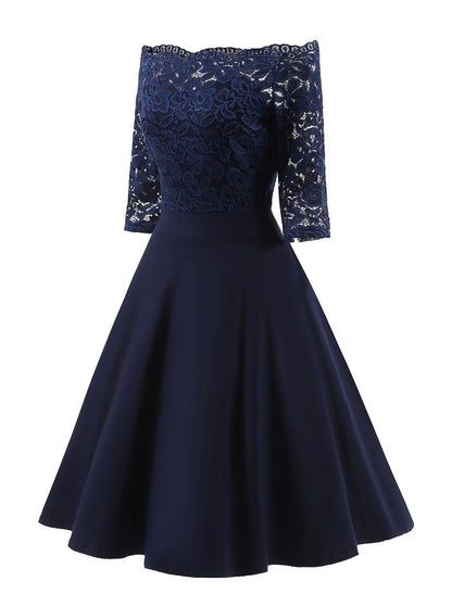 A-Line Cocktail Black Dress Vintage Dress Graduation Party Wear Knee Length 3/4 Length Sleeve Off Shoulder Lace with Lace Insert