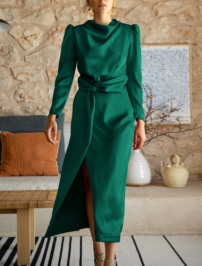 Sheath / Column Wedding Guest Dresses Minimalist Dress Party Wear Semi Formal Ankle Length 3/4 Length Sleeve High Neck Satin with Ruched Slit